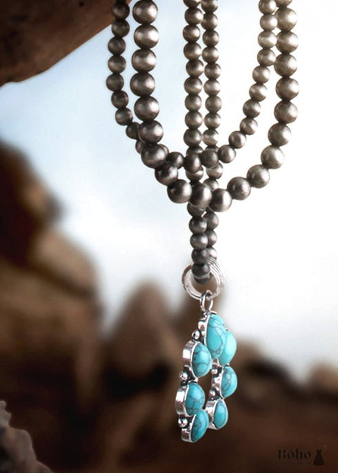 Boho Necklace, RH Antique Moon Metal Turquoise Blue Flower